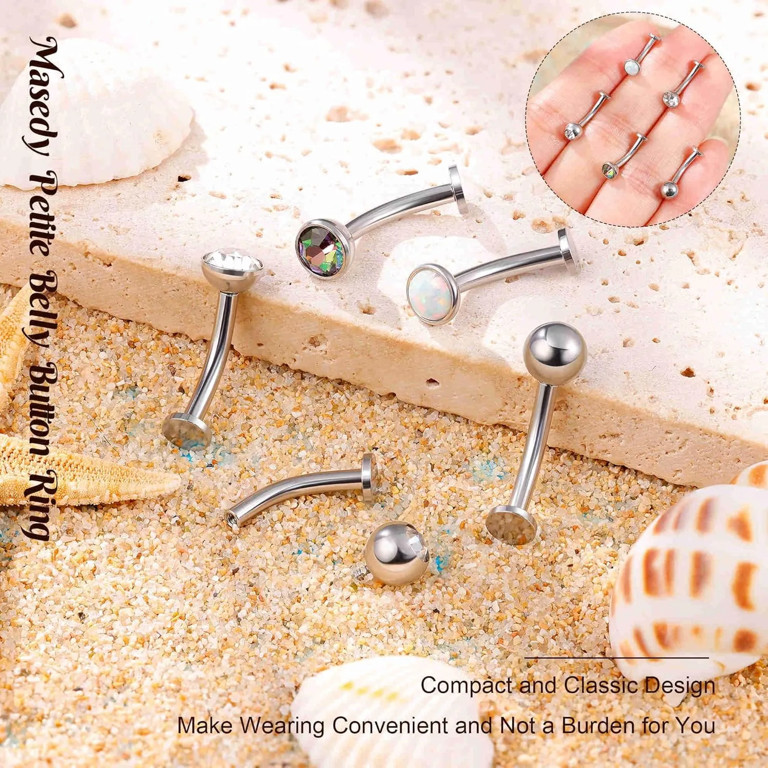5PCS 316L Stainless Steel Floating Belly Button Rings for Women 14G Petite Flat Back CZ Belly Rings Hypoallergenic Small Opal Internally Threaded Navel Piercing Jewelry 6-16MM