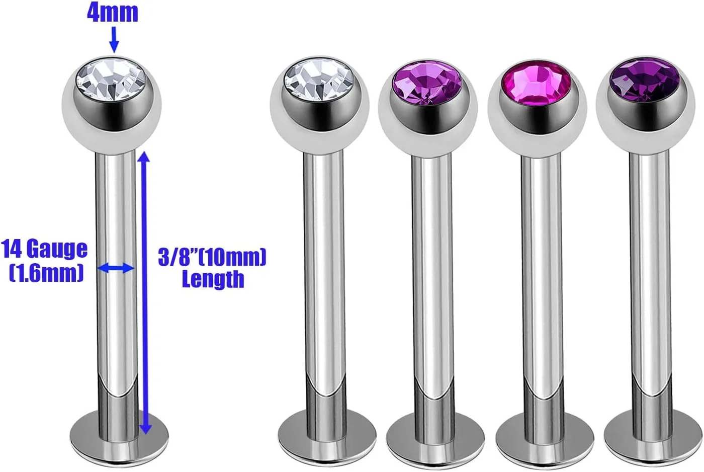 5Pcs Steel 14g 3/8 10mm Labret Earrings Piercing Jewelry Monroe Tragus Cartilage Lip Medusa 4mm Crystal Ball More Choices