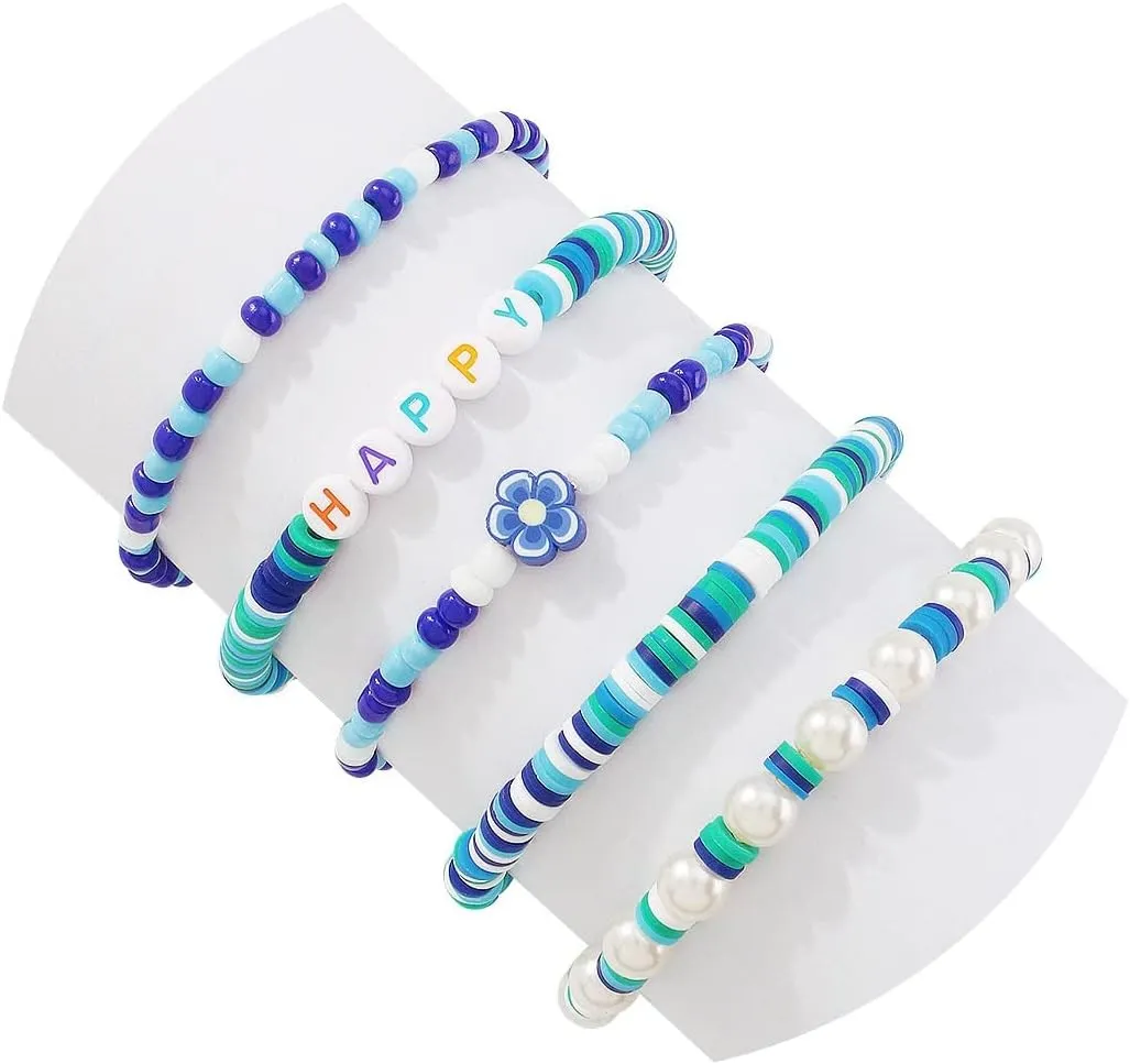 5Pcs Surfer Beaded Stackable Bracelets for Women Stretch Bracelets,Y2K Stretch Bracelet Bohemian Layering Bracelet Friendship Bracelet