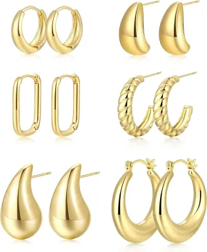 6 Pairs Gold Chunky Teardrop Hoop Earrings for Women | 14K Real Gold Plated Lightweight Twisted Thick Hoop Earrings Pack for Gift