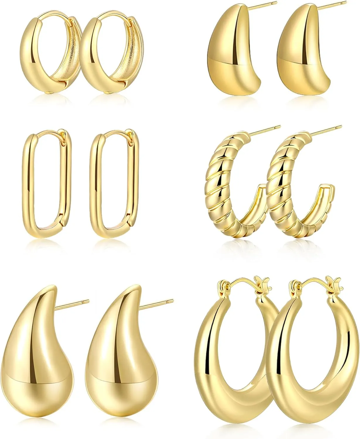 6 Pairs Gold Chunky Teardrop Hoop Earrings for Women | 14K Real Gold Plated Lightweight Twisted Thick Hoop Earrings Pack for Gift
