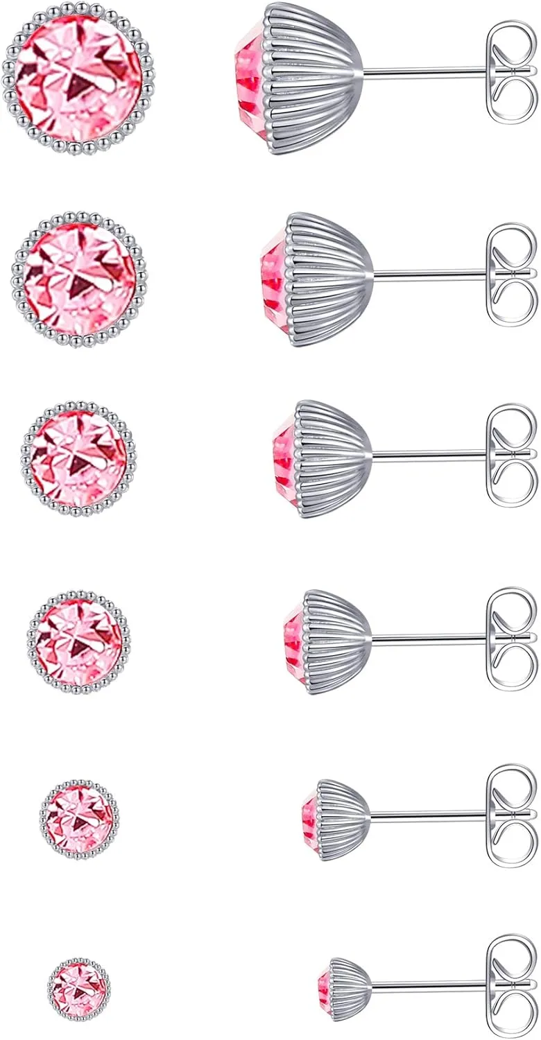 6 Pairs Rhinestone Stud Earrings Set,Hypoallergenic Earrings for Women Trendy Birthstone Jewelry Gifts