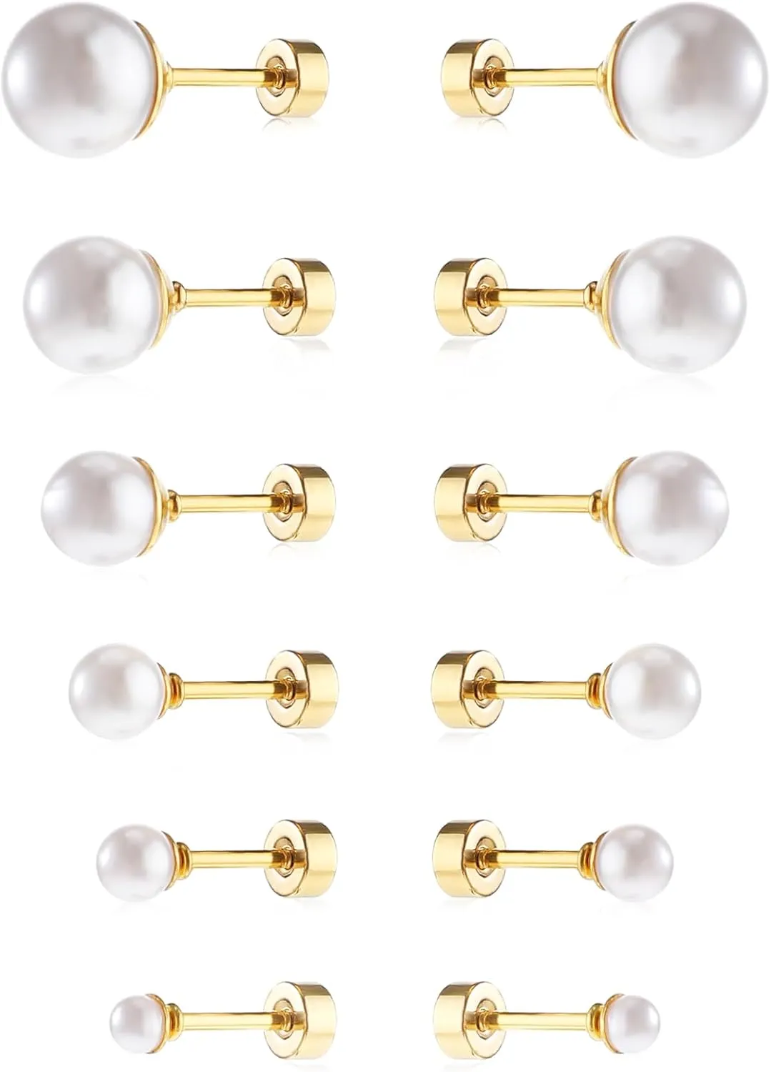 6 Pcs Flat Back Pearl Earrings for Women, Gold Pearl Earrings, Cartilage Piercing Earring Pearls Exquisite Pearls Earring for Gift Giving (3-8mm)