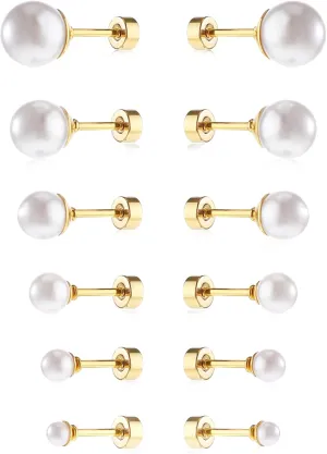 6 Pcs Flat Back Pearl Earrings for Women, Gold Pearl Earrings, Cartilage Piercing Earring Pearls Exquisite Pearls Earring for Gift Giving (3-8mm)