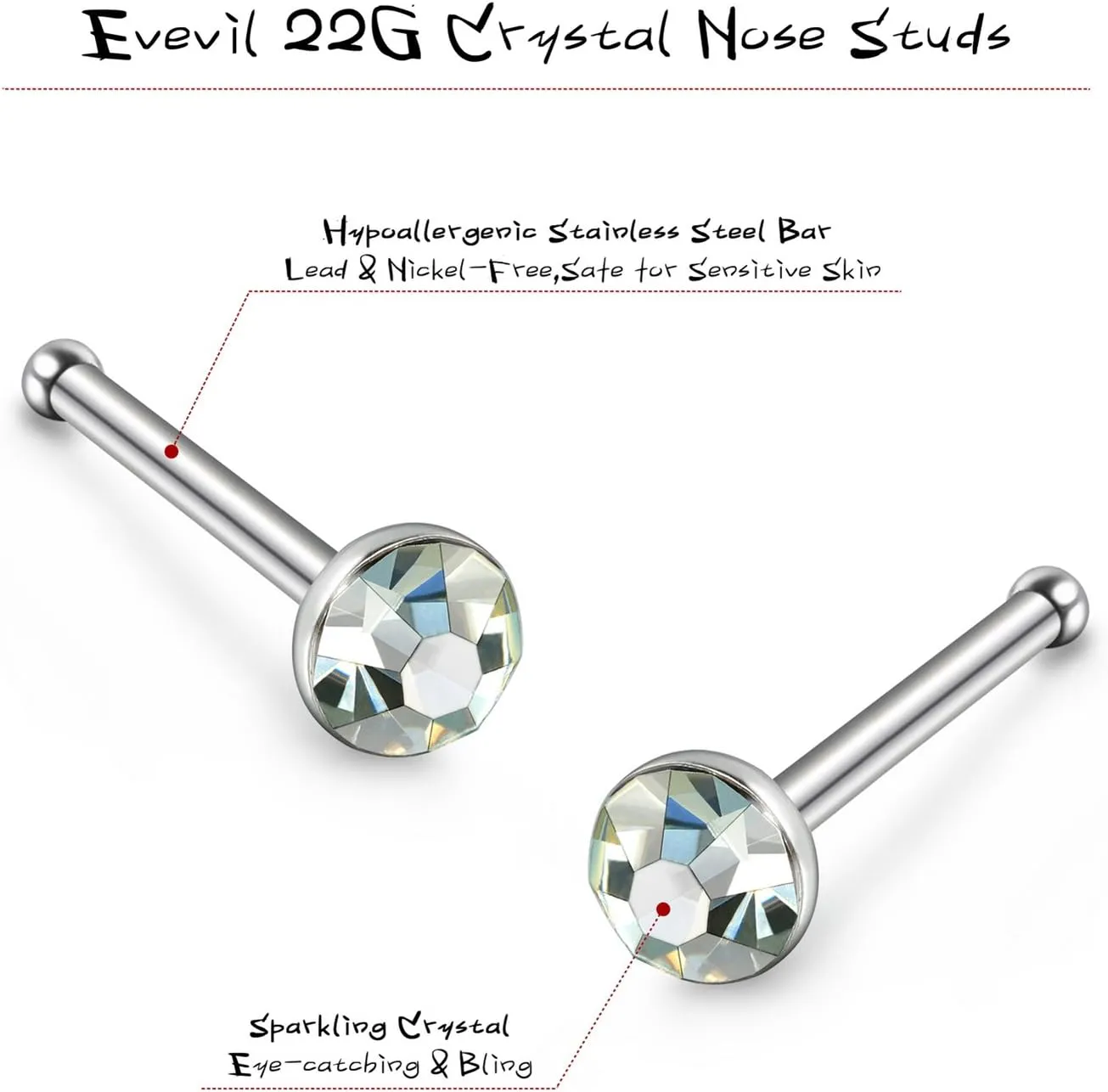 60pcs Small Nose Studs Stainless Steel CZ Nose Piercing Jewelry Tiny Bone Studs for Women Men Hypoallergenic 22G