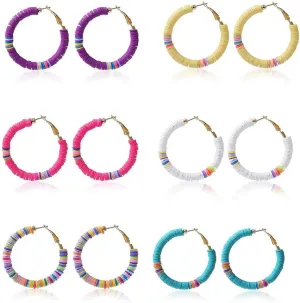 6Pairs Beaded Hoop Earrings Rainbow Vinyl Disc Beads Open Circle Earring Studs Bohemian African Colorful Stud Surfer Jewelry Friendship Gifts For Women Summer Beach Vacation Party
