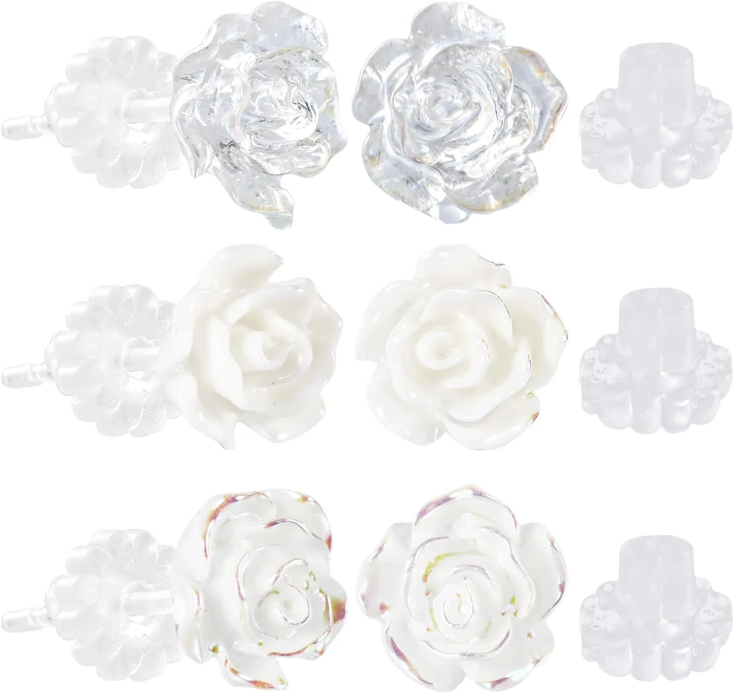 6pcs Earrings for Sensitive Ears, Acrylic Resin Post Flat back Earrings White Rose Clear Earrings Flatback Studs Metal-Free Flower Ear Cartilage Hypoallergenic Studs Clear Studs for Sensitive Ears