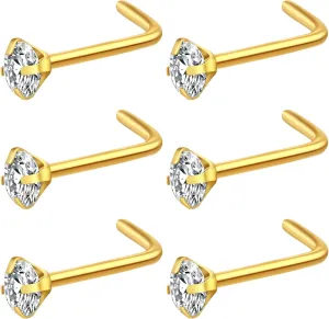 6Pcs Nose Rings Studs Corkscrew L Shape 20 Gauge Nose Piercing Jewelry Real Nose Piercings Nose Stud Surgical Steel 20G Nose Rings Jewelry for Women Men 2mm 2.5mm 3mm CZ Gold Silver Black
