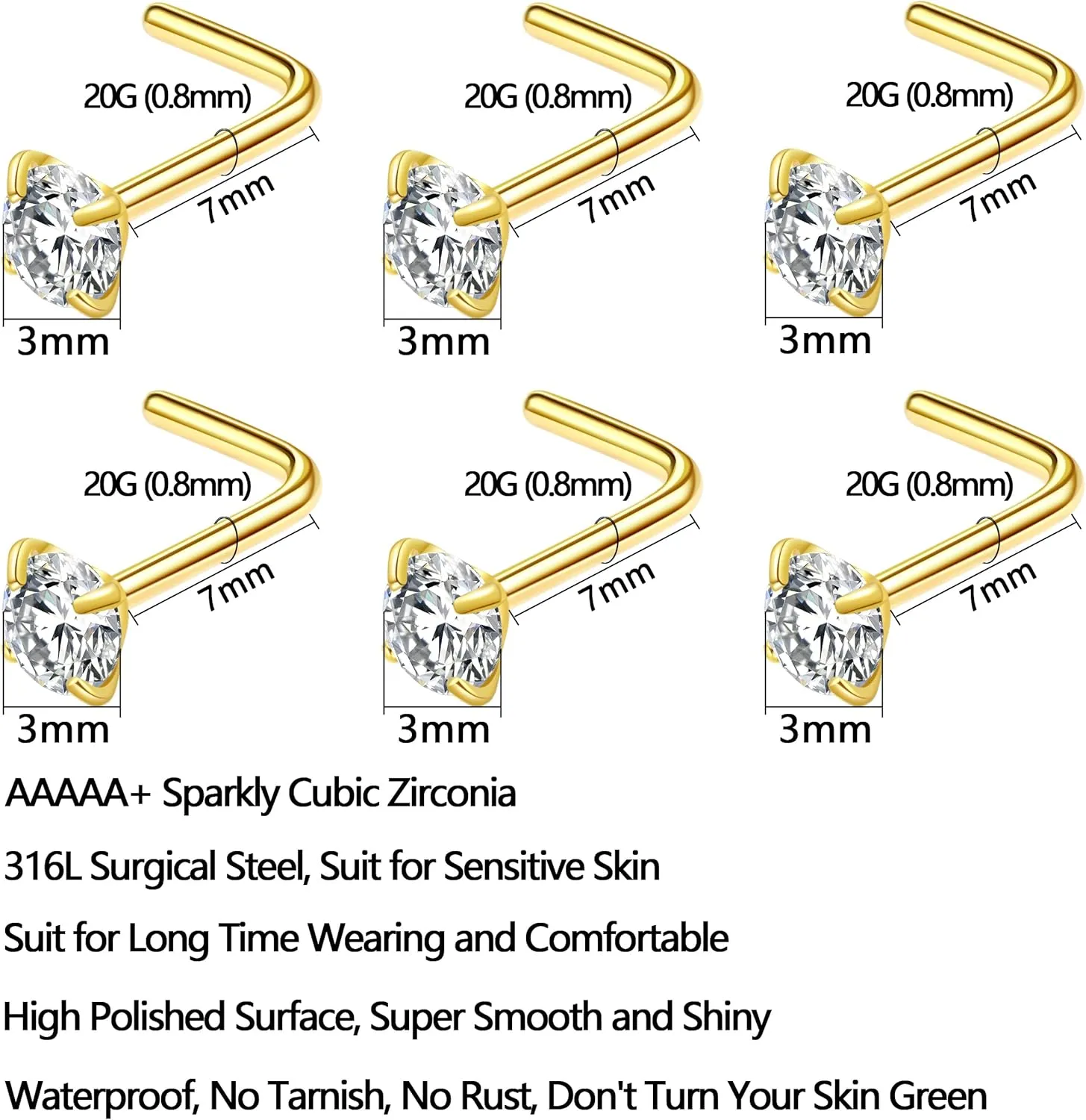 6Pcs Nose Rings Studs Corkscrew L Shape 20 Gauge Nose Piercing Jewelry Real Nose Piercings Nose Stud Surgical Steel 20G Nose Rings Jewelry for Women Men 2mm 2.5mm 3mm CZ Gold Silver Black