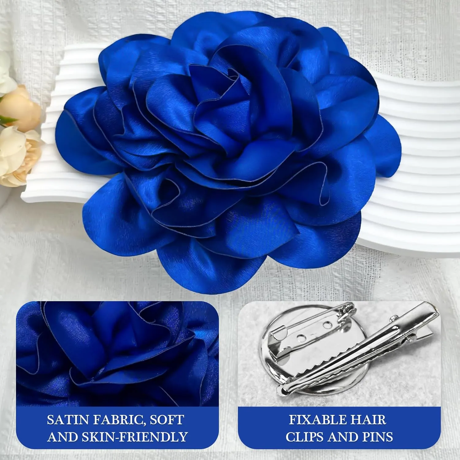 7.5in Extra Large Rose Brooch Exquisite Shiny Satin Camellia Brooch Oversized Flower Brooch Lapel Pin,Suitable For Women Dance Banquet Wedding Hair Clothing Accessories (Sapphire Blue)