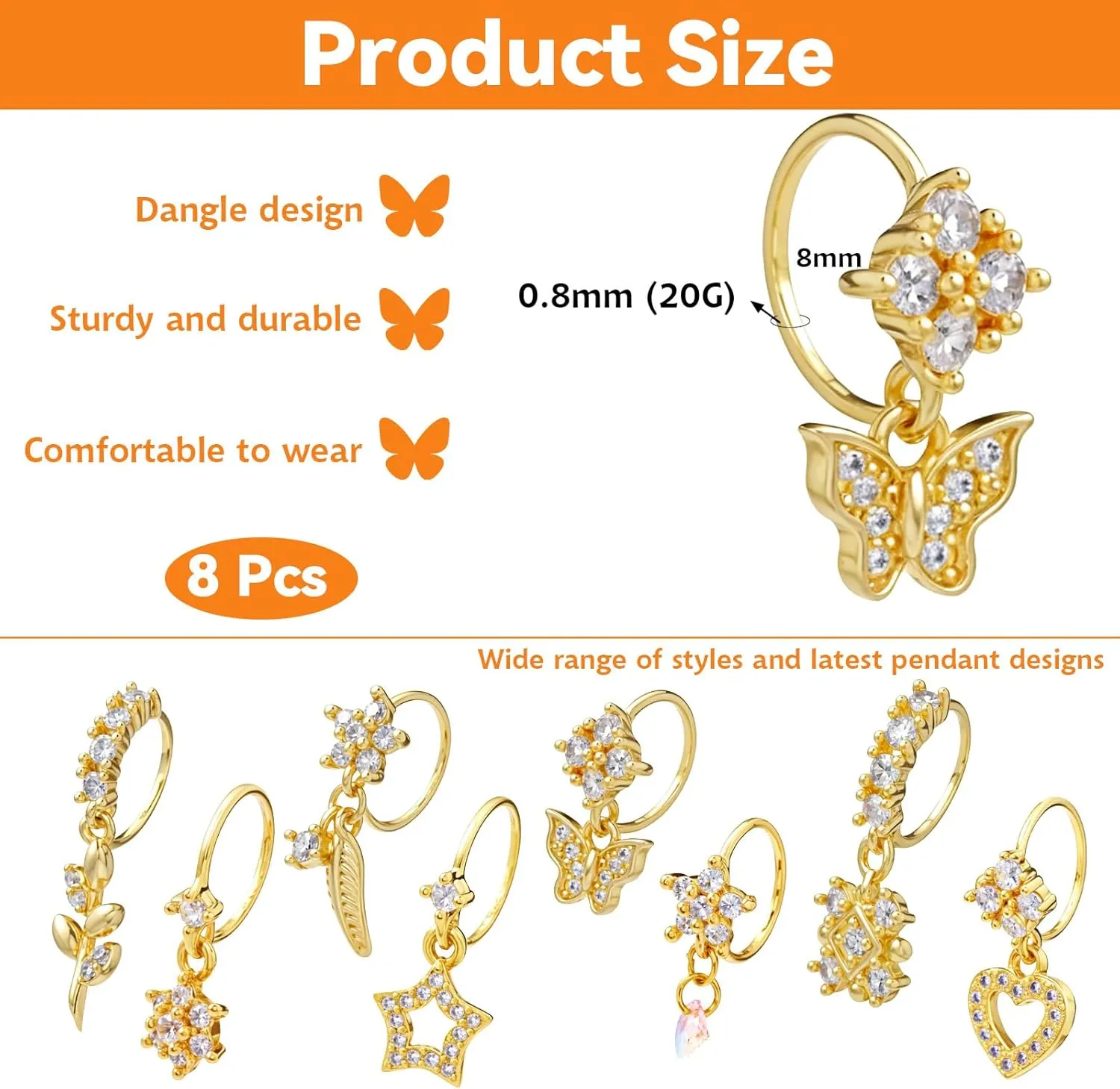 8 Pcs Dangle Nose Rings Hoop for Women,Gold Hoop Nose Rings