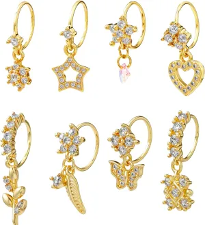 8 Pcs Dangle Nose Rings Hoop for Women,Gold Hoop Nose Rings