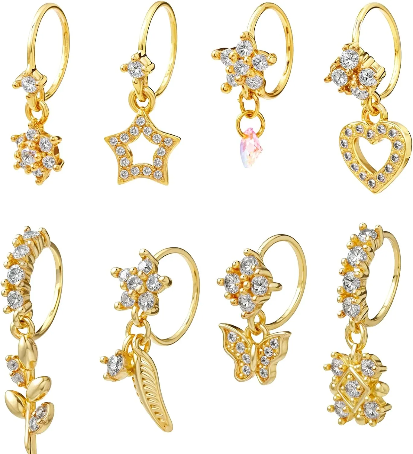 8 Pcs Dangle Nose Rings Hoop for Women,Gold Hoop Nose Rings