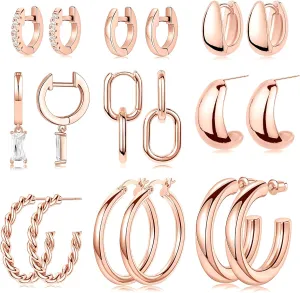 9 Pairs Chunky Gold Hoop Earrings Set for Women Trendy Sterling Silver Dangle Studs Dainty Cute Small Huggie Hoops 14K Plated Hypoallergenic Cartilage Earings Womens Prom Fashion Jewelry Gift