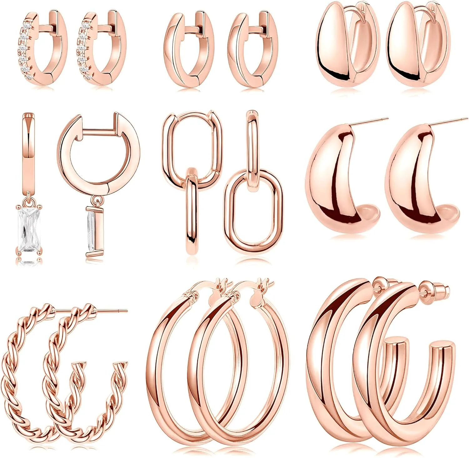 9 Pairs Chunky Gold Hoop Earrings Set for Women Trendy Sterling Silver Dangle Studs Dainty Cute Small Huggie Hoops 14K Plated Hypoallergenic Cartilage Earings Womens Prom Fashion Jewelry Gift