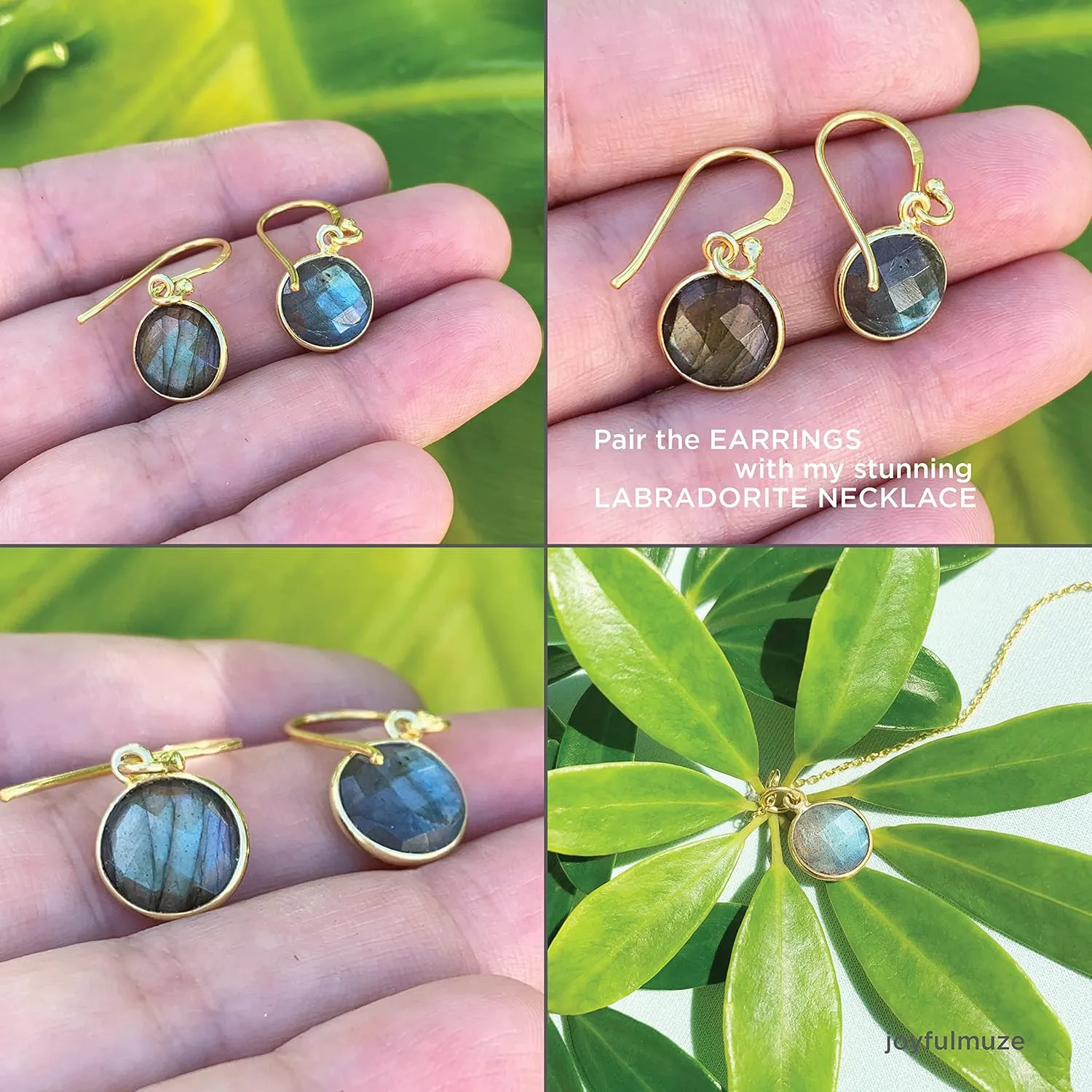 925 Sterling Silver Dangle Drop Earrings, Light Dangle Faceted Round 10mm Stones, Handmade Birthstone Jewelry Gift for Women, 1" Long (Labradorite-Gold)