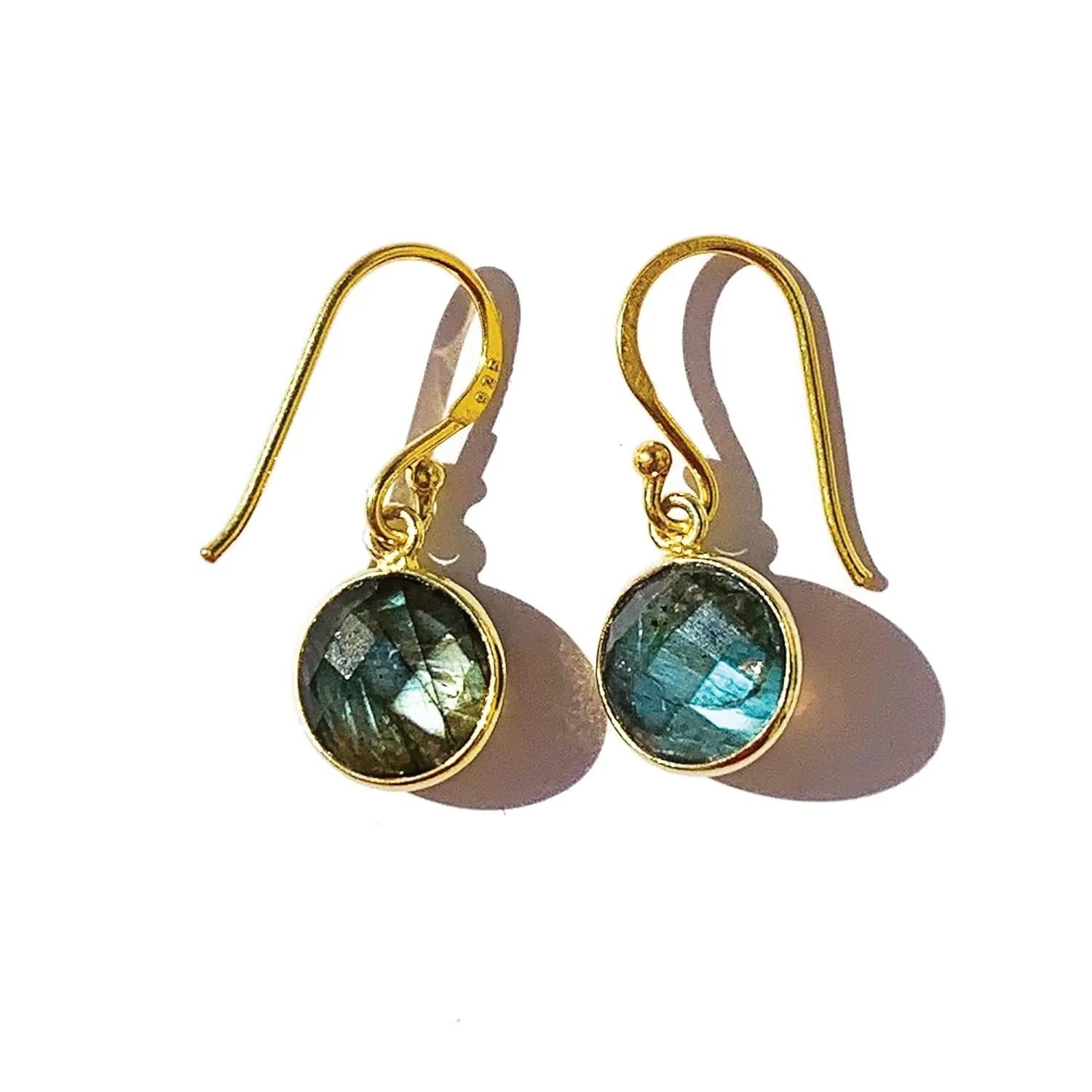 925 Sterling Silver Dangle Drop Earrings, Light Dangle Faceted Round 10mm Stones, Handmade Birthstone Jewelry Gift for Women, 1" Long (Labradorite-Gold)