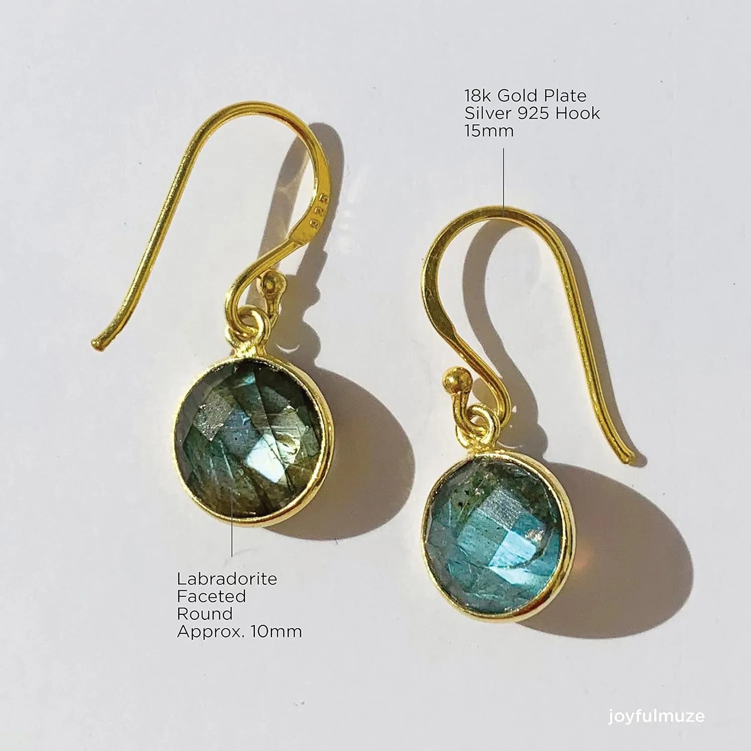 925 Sterling Silver Dangle Drop Earrings, Light Dangle Faceted Round 10mm Stones, Handmade Birthstone Jewelry Gift for Women, 1" Long (Labradorite-Gold)