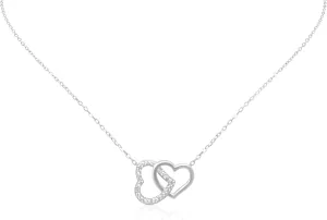 .925 Sterling Silver Double Heart Necklace with Cubic Zirconia Diamonds 18"  1.5" Rolo Chain Gifts for Mom, Women and Girls.