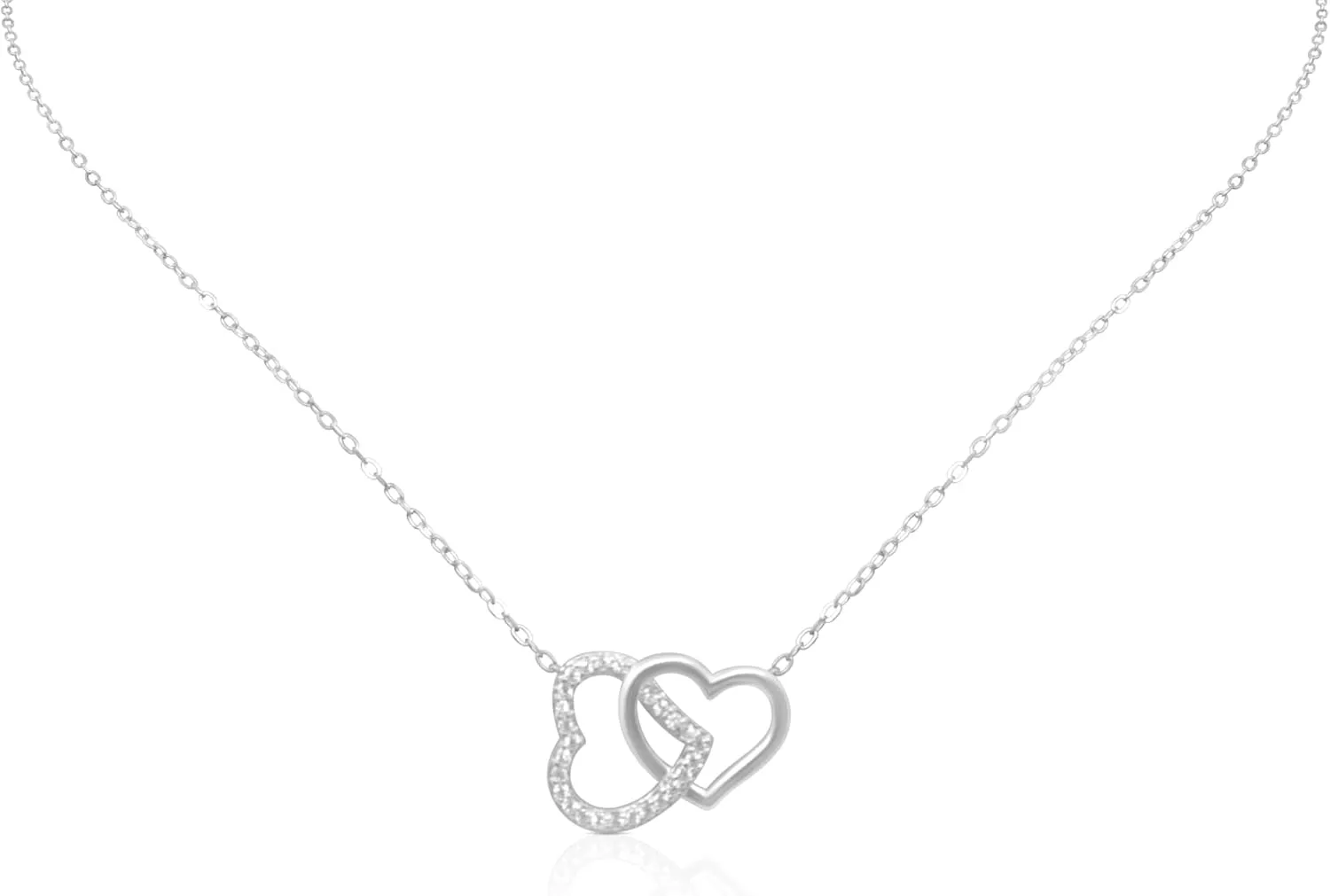 .925 Sterling Silver Double Heart Necklace with Cubic Zirconia Diamonds 18"  1.5" Rolo Chain Gifts for Mom, Women and Girls.
