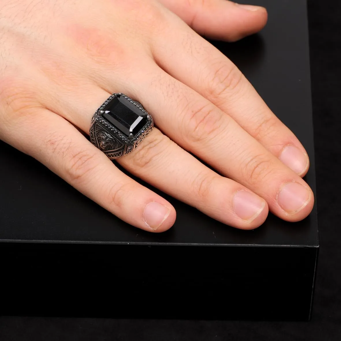 925 Sterling Silver Men's Black Onyx Lion Ring - "Black Onyx Lion Ring for Men - 925 Sterling Silver Black Onyx Gemstone - Birthday Gifts (10)