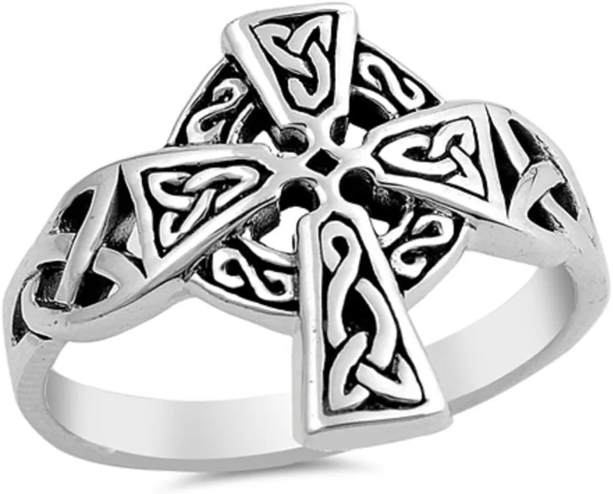 925 Sterling Silver Oxidized Celtic Cross Design Ring