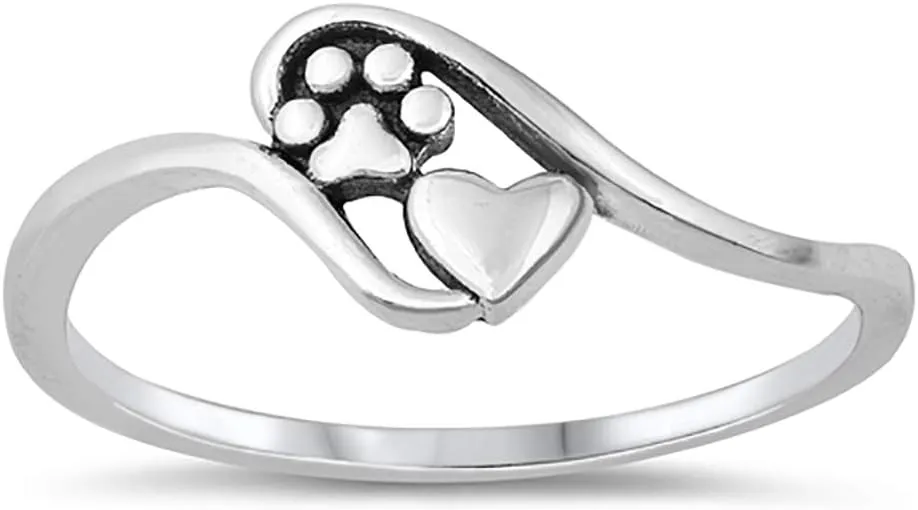 925 Sterling Silver Oxidized Paw Print and Heart Ring