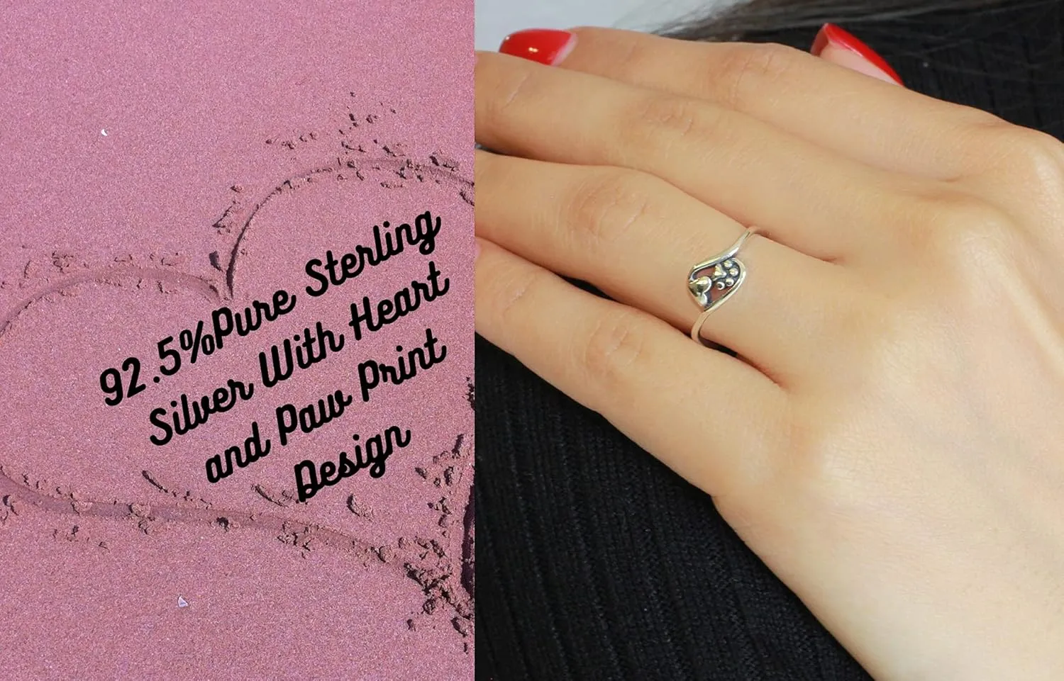 925 Sterling Silver Oxidized Paw Print and Heart Ring
