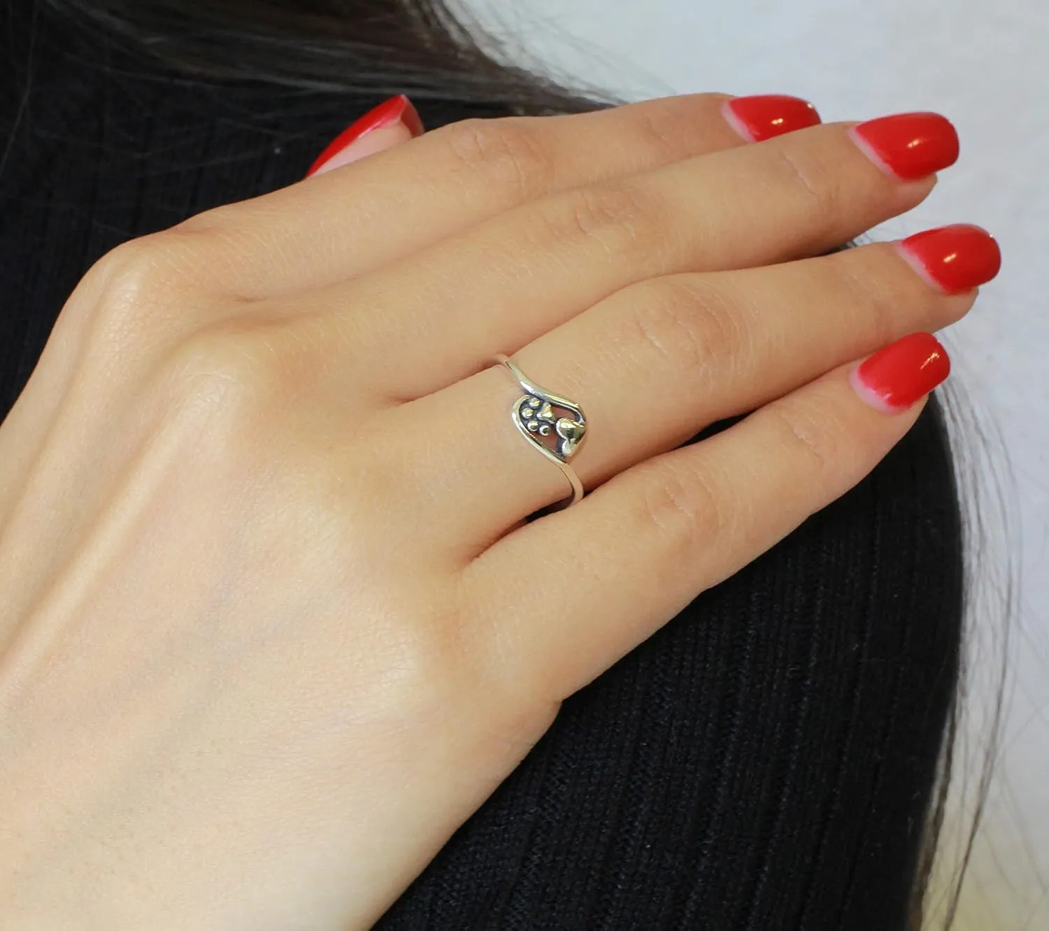 925 Sterling Silver Oxidized Paw Print and Heart Ring