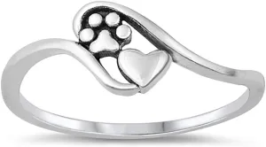 925 Sterling Silver Oxidized Paw Print and Heart Ring