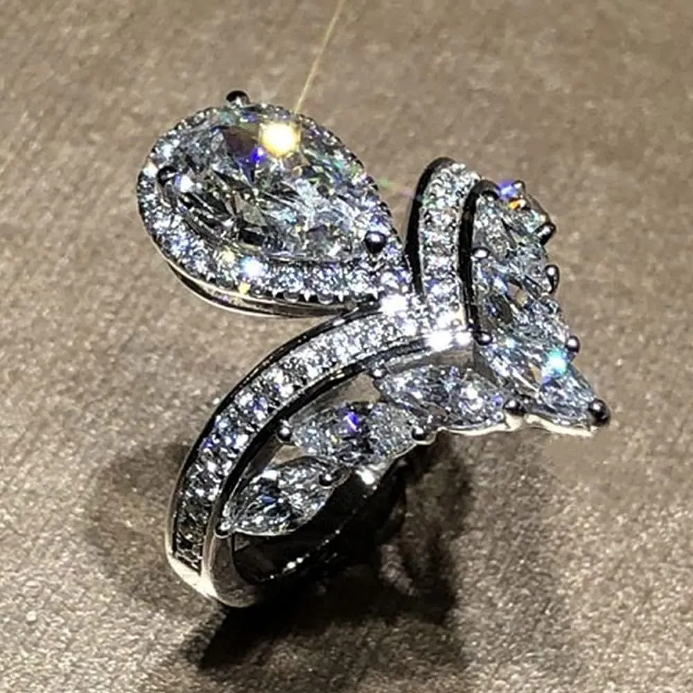 925 Sterling Silver Shiny Full Diamond Pear Marquise Cut Cubic Zirconia Rings Teardrop Crown Ring CZ Diamond Eternity Engagement Wedding Band Ring for Women F133 (US Size 8)