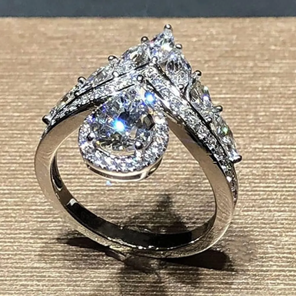 925 Sterling Silver Shiny Full Diamond Pear Marquise Cut Cubic Zirconia Rings Teardrop Crown Ring CZ Diamond Eternity Engagement Wedding Band Ring for Women F133 (US Size 8)