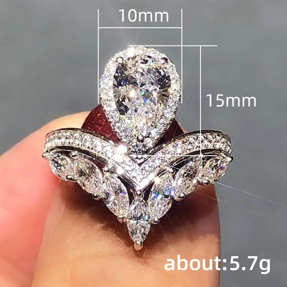 925 Sterling Silver Shiny Full Diamond Pear Marquise Cut Cubic Zirconia Rings Teardrop Crown Ring CZ Diamond Eternity Engagement Wedding Band Ring for Women F133 (US Size 8)