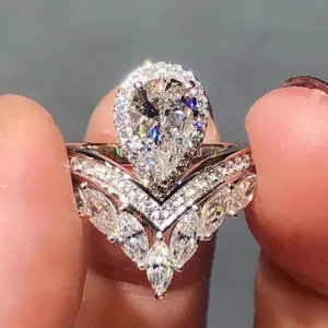 925 Sterling Silver Shiny Full Diamond Pear Marquise Cut Cubic Zirconia Rings Teardrop Crown Ring CZ Diamond Eternity Engagement Wedding Band Ring for Women F133 (US Size 8)