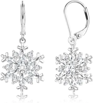 925 Sterling Silver Snowflake Earrings for Women Dangle Earrings Cubic Zirconia Winter Frozen Flower Drop & Dangle Earrings Jewelry Holiday Christmas Leverback Snowflake Earrings
