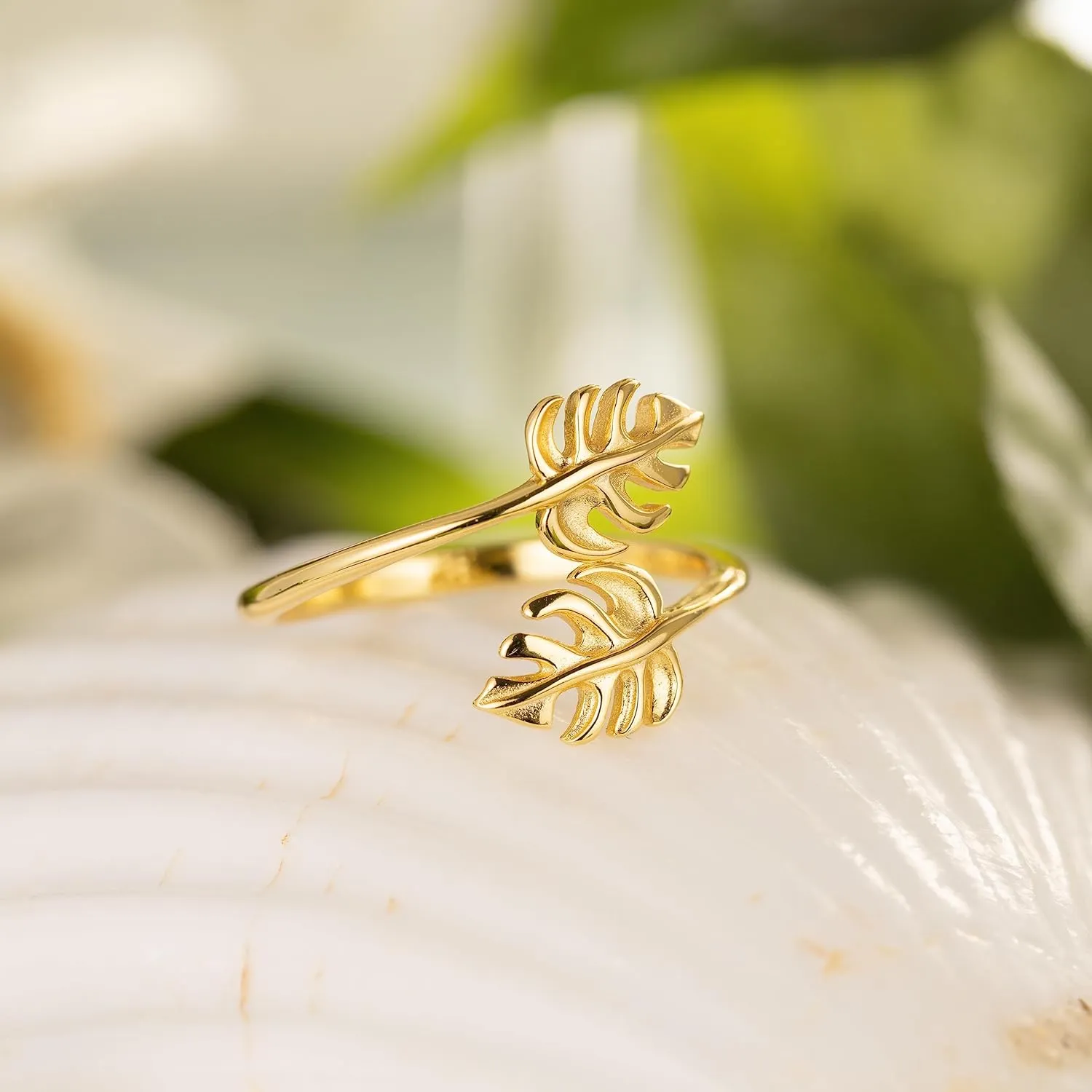925 Sterling Silver Two Monstera Leaf Adjustable Easy Resize Wrap Around Bypass Ring Eternity Band, Nickel Free Hypoallergenic for Sensitive Skin, Island Tropical Jewelry with Gift Box