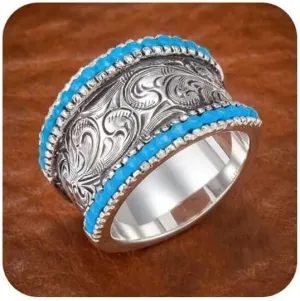925 Sterling Silver Vintage Turquoise Inlaid Ring - Intricate Engraved Cloud Design with Exquisite Patterns, Unique Alloy Electroplated Jewelry