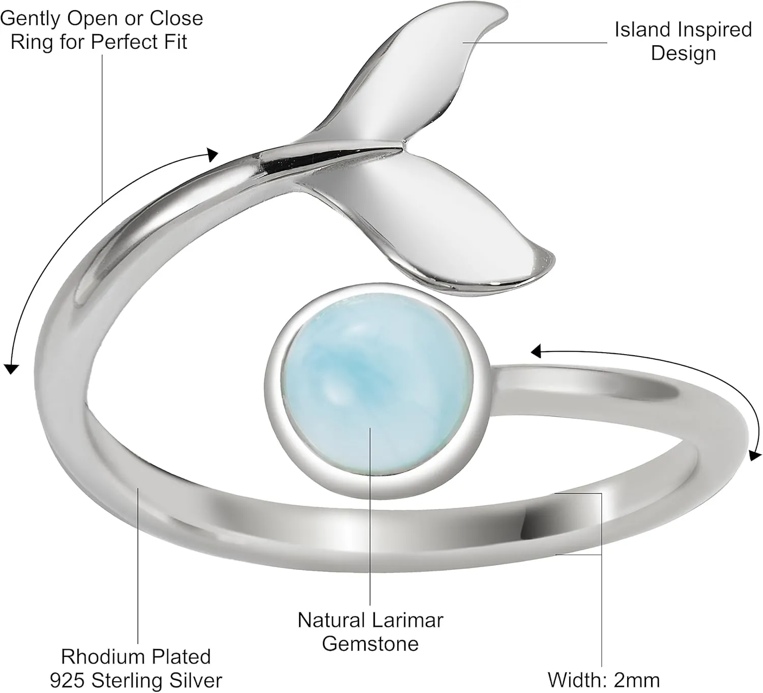 925 Sterling Silver Whale Tail and Full Moon, Adjustable Easy Resize Wrap Around Bypass Ring Eternity Band, Blue White Opal Larimar, 14K Gold Plated, Hypoallergenic Nickel Free, with Gift Box
