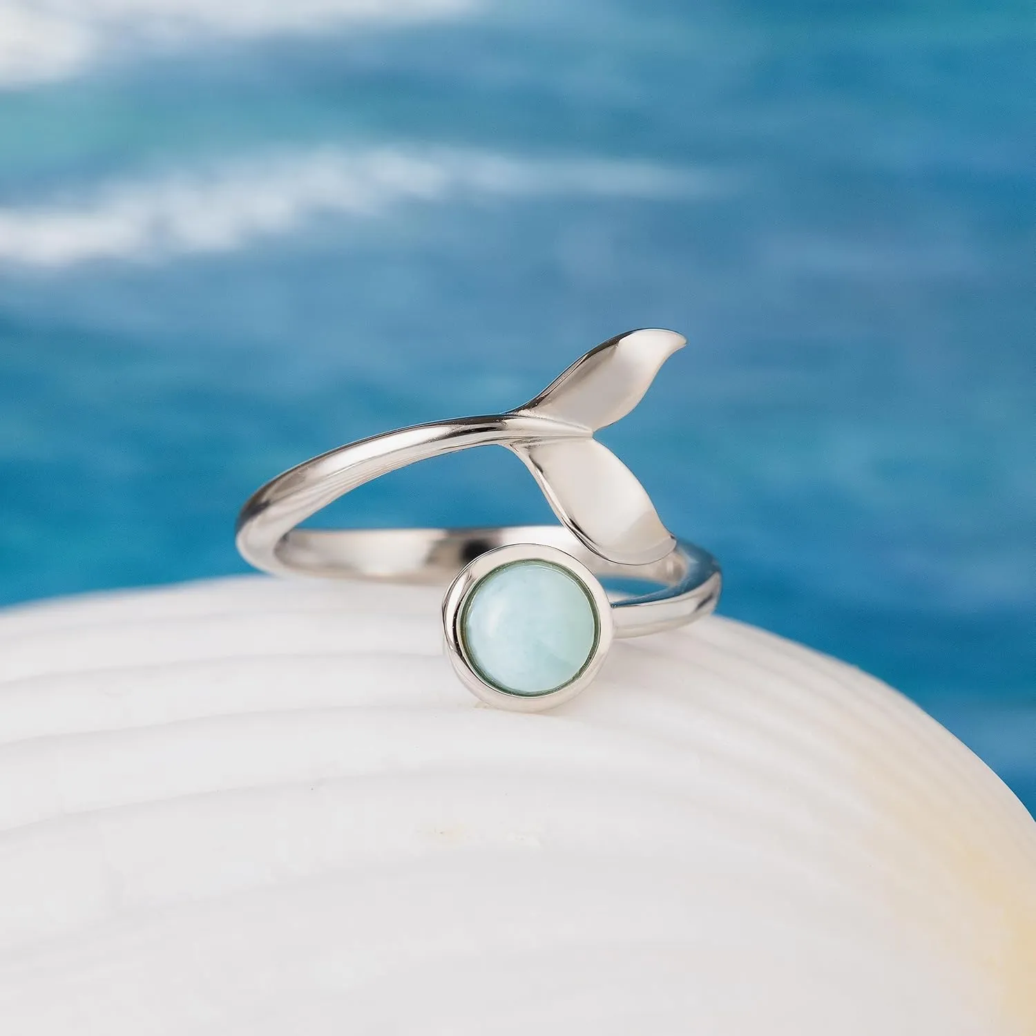 925 Sterling Silver Whale Tail and Full Moon, Adjustable Easy Resize Wrap Around Bypass Ring Eternity Band, Blue White Opal Larimar, 14K Gold Plated, Hypoallergenic Nickel Free, with Gift Box