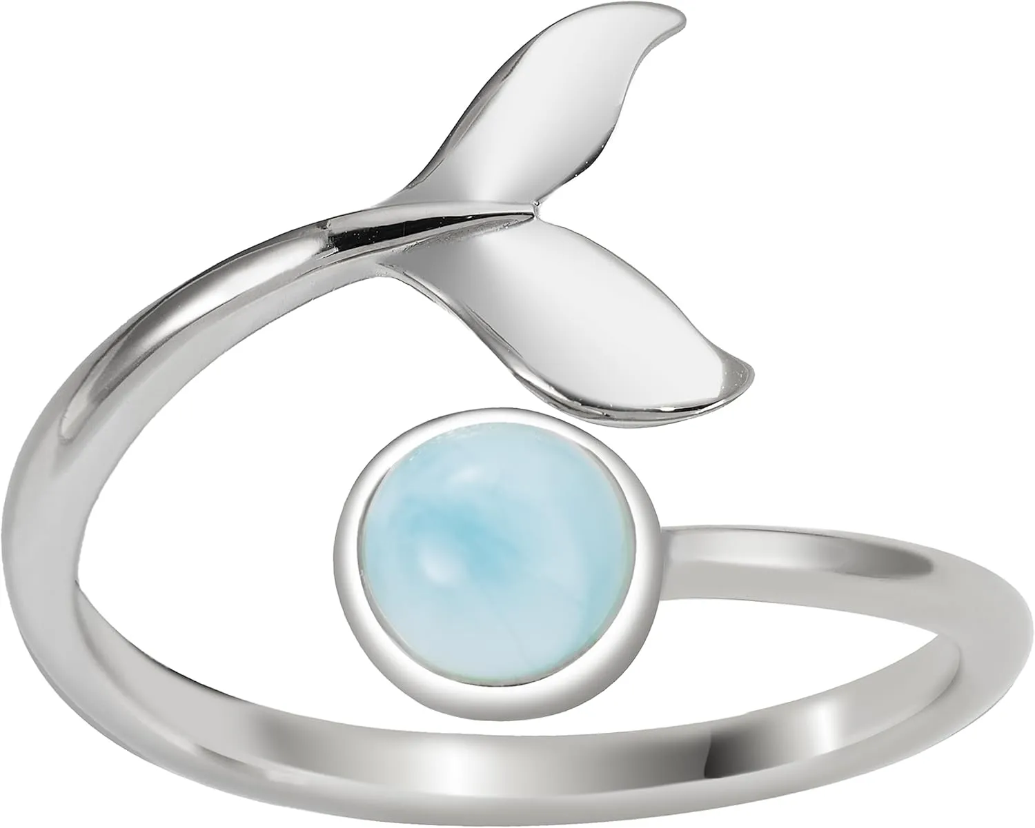 925 Sterling Silver Whale Tail and Full Moon, Adjustable Easy Resize Wrap Around Bypass Ring Eternity Band, Blue White Opal Larimar, 14K Gold Plated, Hypoallergenic Nickel Free, with Gift Box