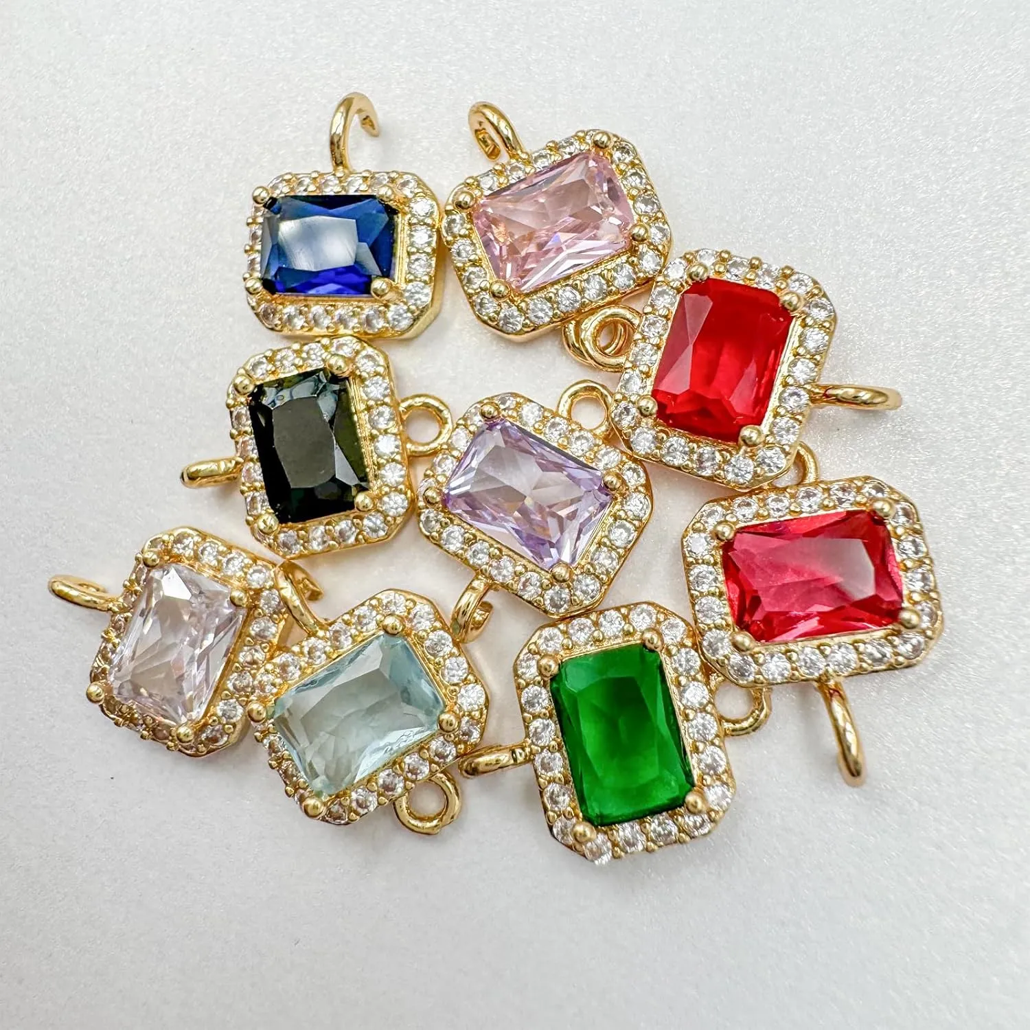 9PCS Squar Red Crystal Links Connectors Gold Plated Brass Zircon 2 Rings Charms for Jewelry Making Bracelet Necklace Earring Pendant Craft Supplies DIY Accessories(Red)