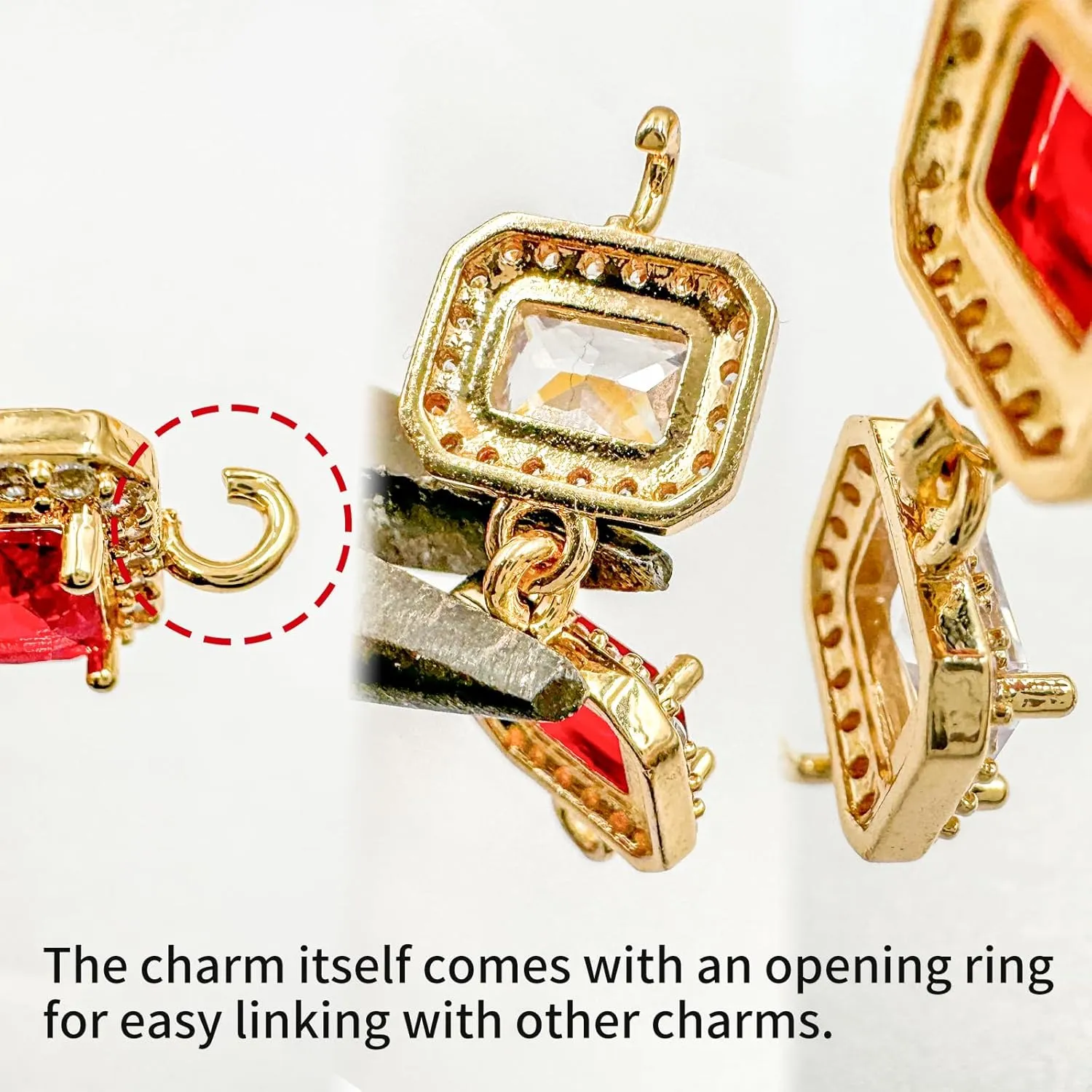 9PCS Squar Red Crystal Links Connectors Gold Plated Brass Zircon 2 Rings Charms for Jewelry Making Bracelet Necklace Earring Pendant Craft Supplies DIY Accessories(Red)