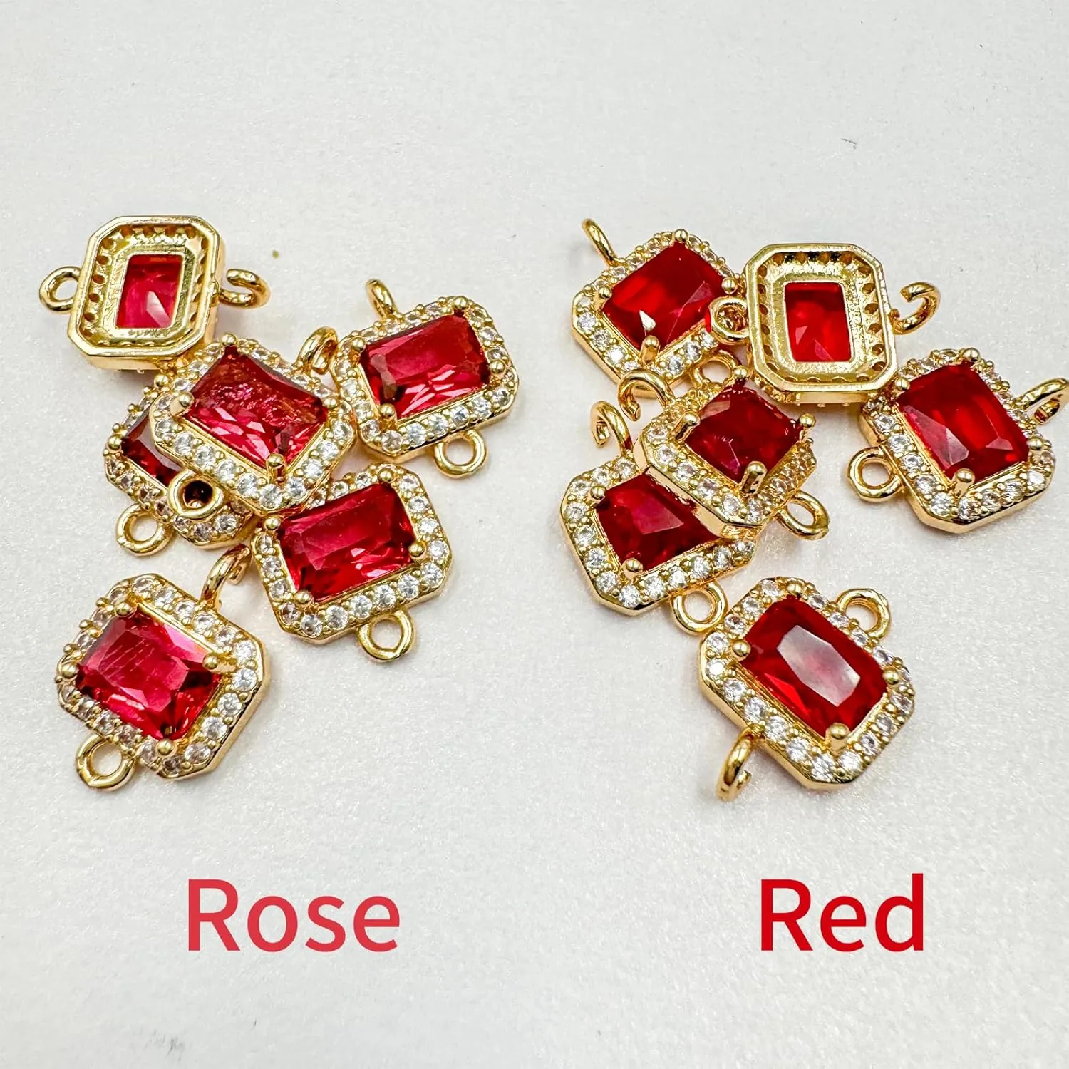 9PCS Squar Red Crystal Links Connectors Gold Plated Brass Zircon 2 Rings Charms for Jewelry Making Bracelet Necklace Earring Pendant Craft Supplies DIY Accessories(Red)