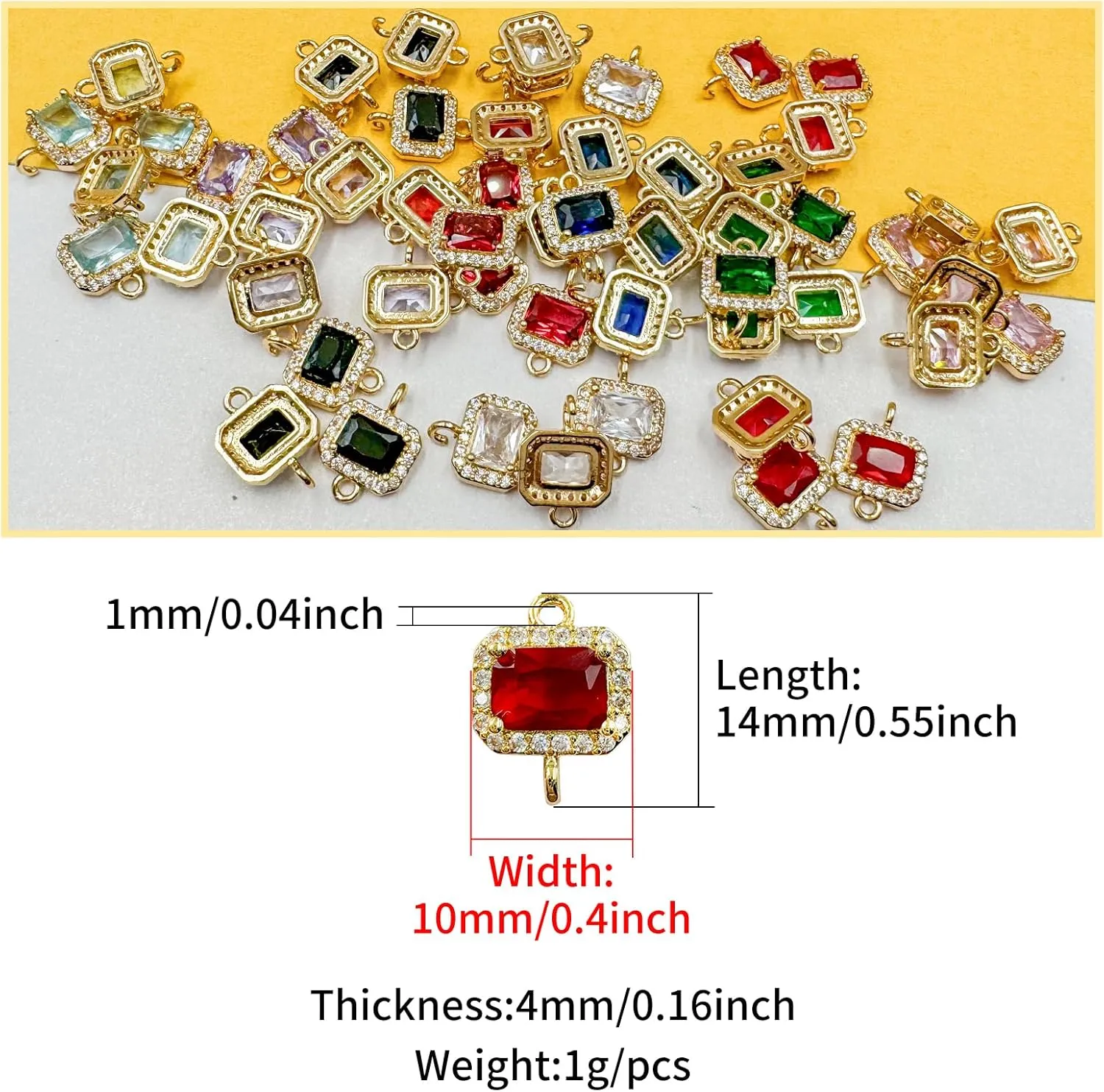9PCS Squar Red Crystal Links Connectors Gold Plated Brass Zircon 2 Rings Charms for Jewelry Making Bracelet Necklace Earring Pendant Craft Supplies DIY Accessories(Red)