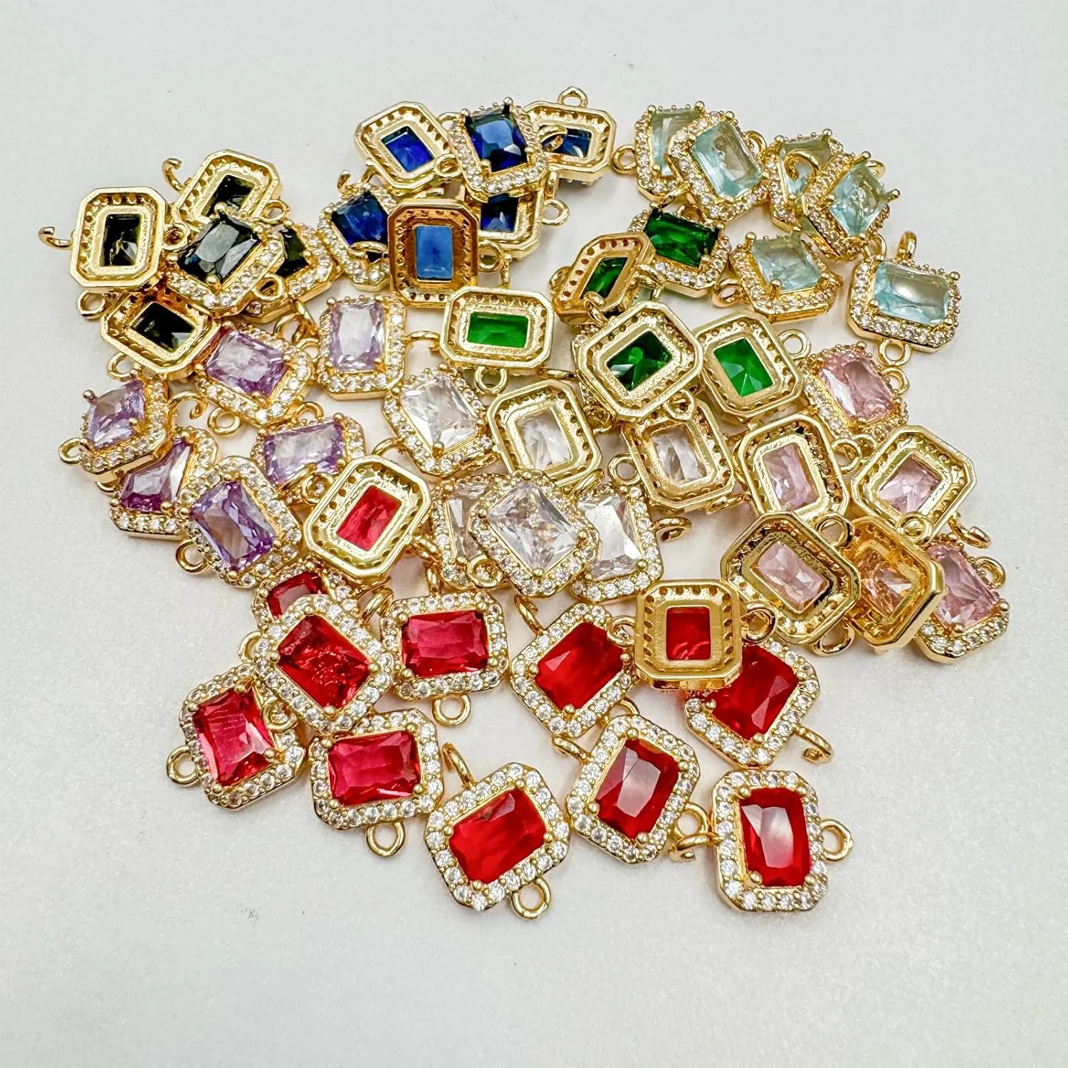 9PCS Squar Red Crystal Links Connectors Gold Plated Brass Zircon 2 Rings Charms for Jewelry Making Bracelet Necklace Earring Pendant Craft Supplies DIY Accessories(Red)