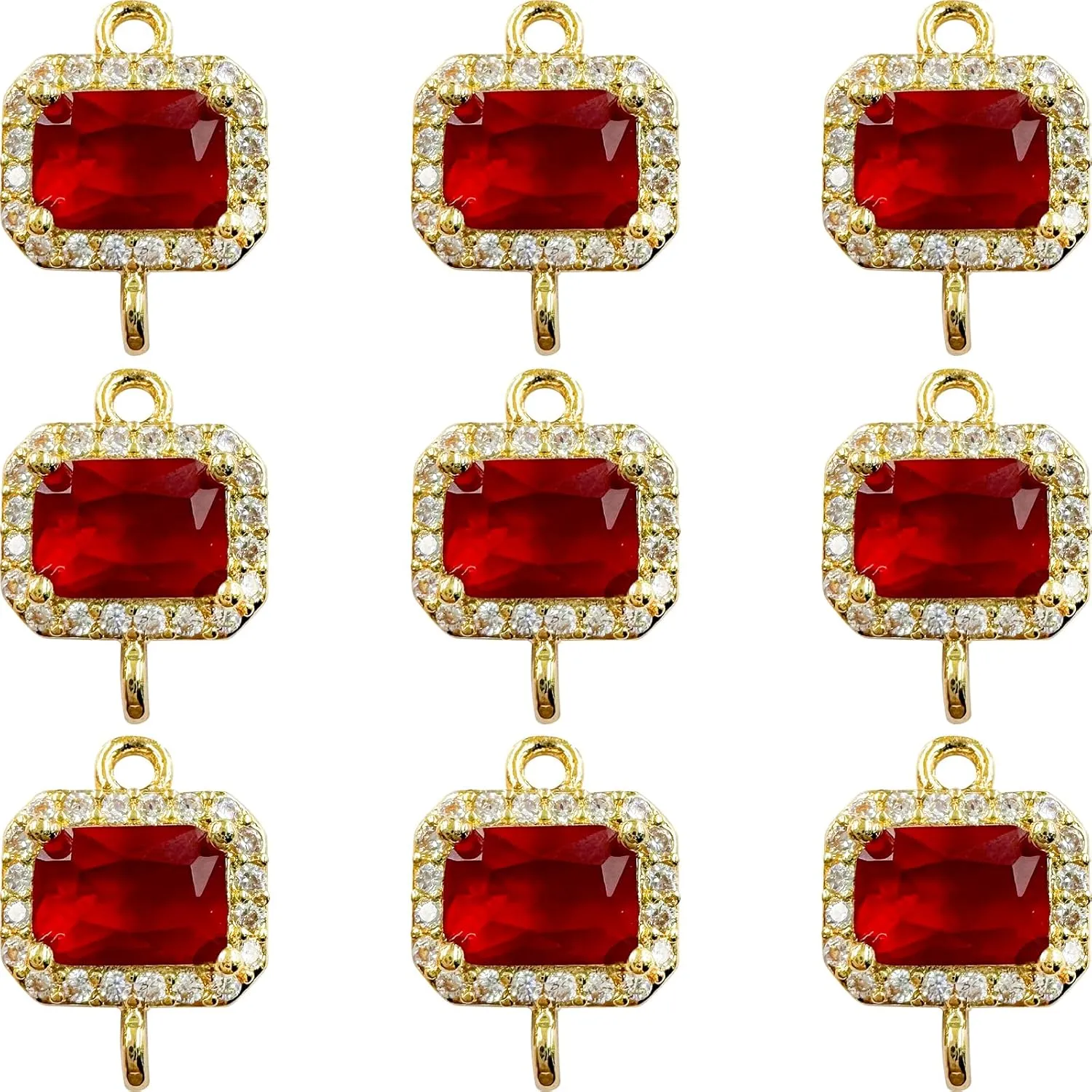 9PCS Squar Red Crystal Links Connectors Gold Plated Brass Zircon 2 Rings Charms for Jewelry Making Bracelet Necklace Earring Pendant Craft Supplies DIY Accessories(Red)