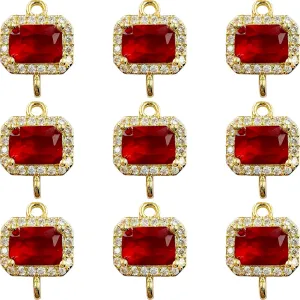 9PCS Squar Red Crystal Links Connectors Gold Plated Brass Zircon 2 Rings Charms for Jewelry Making Bracelet Necklace Earring Pendant Craft Supplies DIY Accessories(Red)