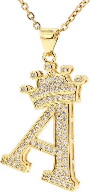 A-Z Letters Necklace Crown Necklace for Men Women 18K Gold Plated Letters Pendants with 23'' Chain Hip Hop Alphabet Name Jewelry Mom Gifts (Yellow a)