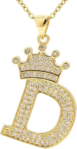 A-Z Letters Necklace Crown Necklace for Men Women 18K Gold Plated Letters Pendants with 23'' Chain Hip Hop Alphabet Name Jewelry Mom Gifts (Yellow-d)