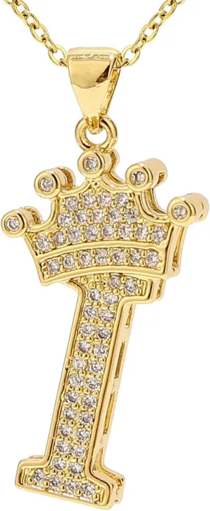 A-Z Letters Necklace Crown Necklace for Men Women 18K Gold Plated Letters Pendants with 23'' Chain Hip Hop Alphabet Name Jewelry Mom Gifts (Yellow-i)